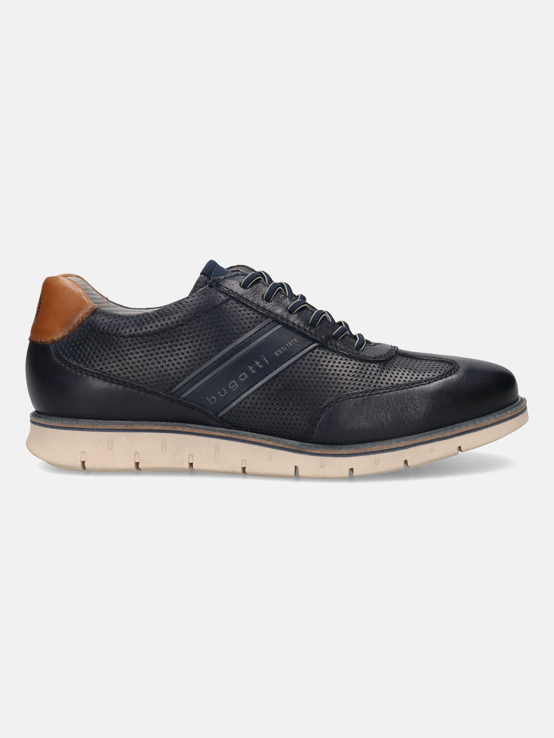 Dark blue premium leather comfort sneakers by bugatti, with perforated details and brown accent at the heel, in side view.
