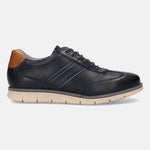 Dark blue premium leather comfort sneakers by bugatti, with perforated details and brown accent at the heel, in side view.
