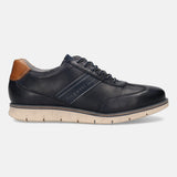 Dark blue premium leather comfort sneakers by bugatti, with perforated details and brown accent at the heel, in side view.
