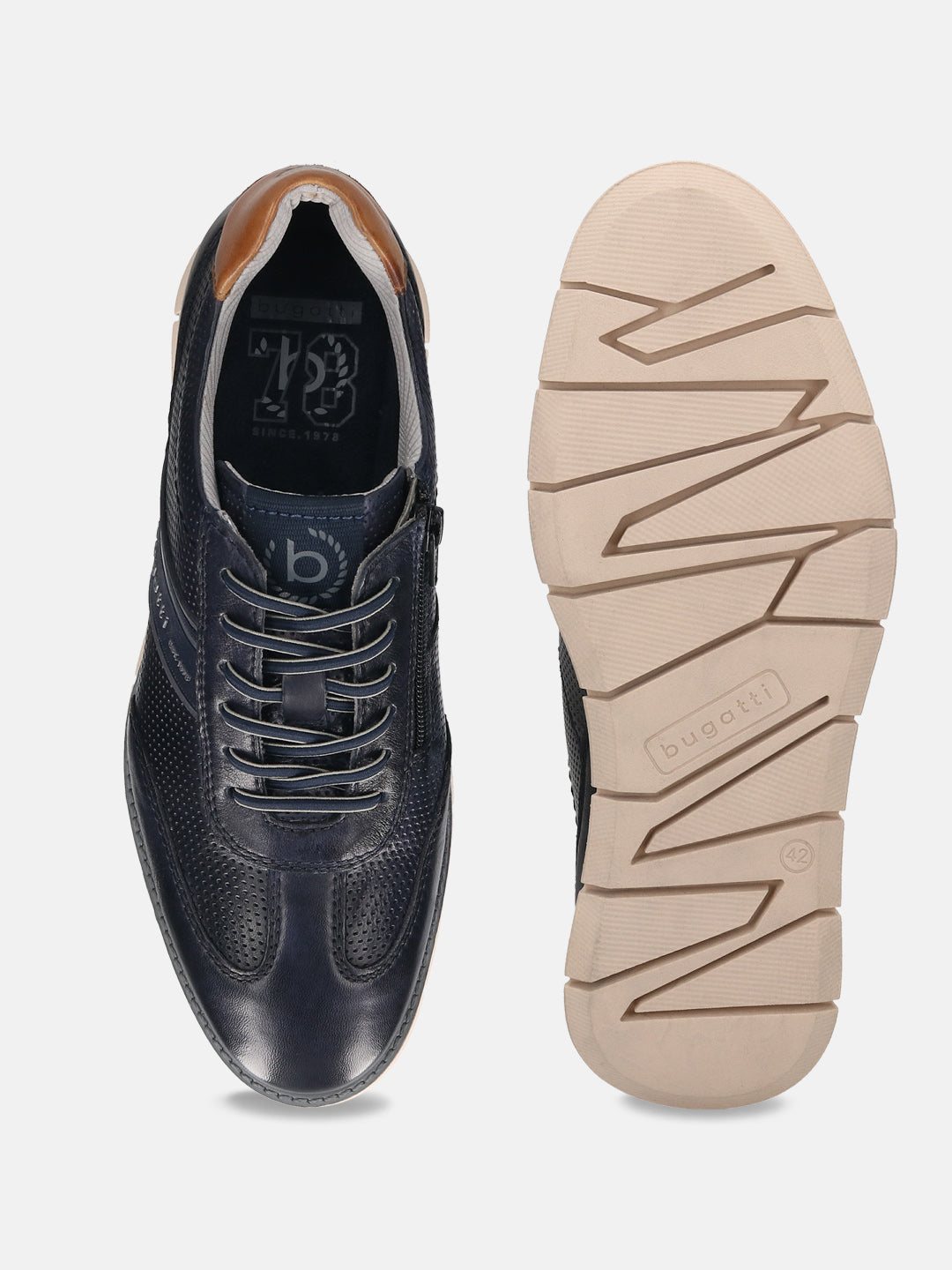 Dark blue leather sneakers by bugatti, showing laces and perforated upper, with the patterned sole.