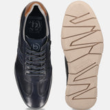 Dark blue leather sneakers by bugatti, showing laces and perforated upper, with the patterned sole.