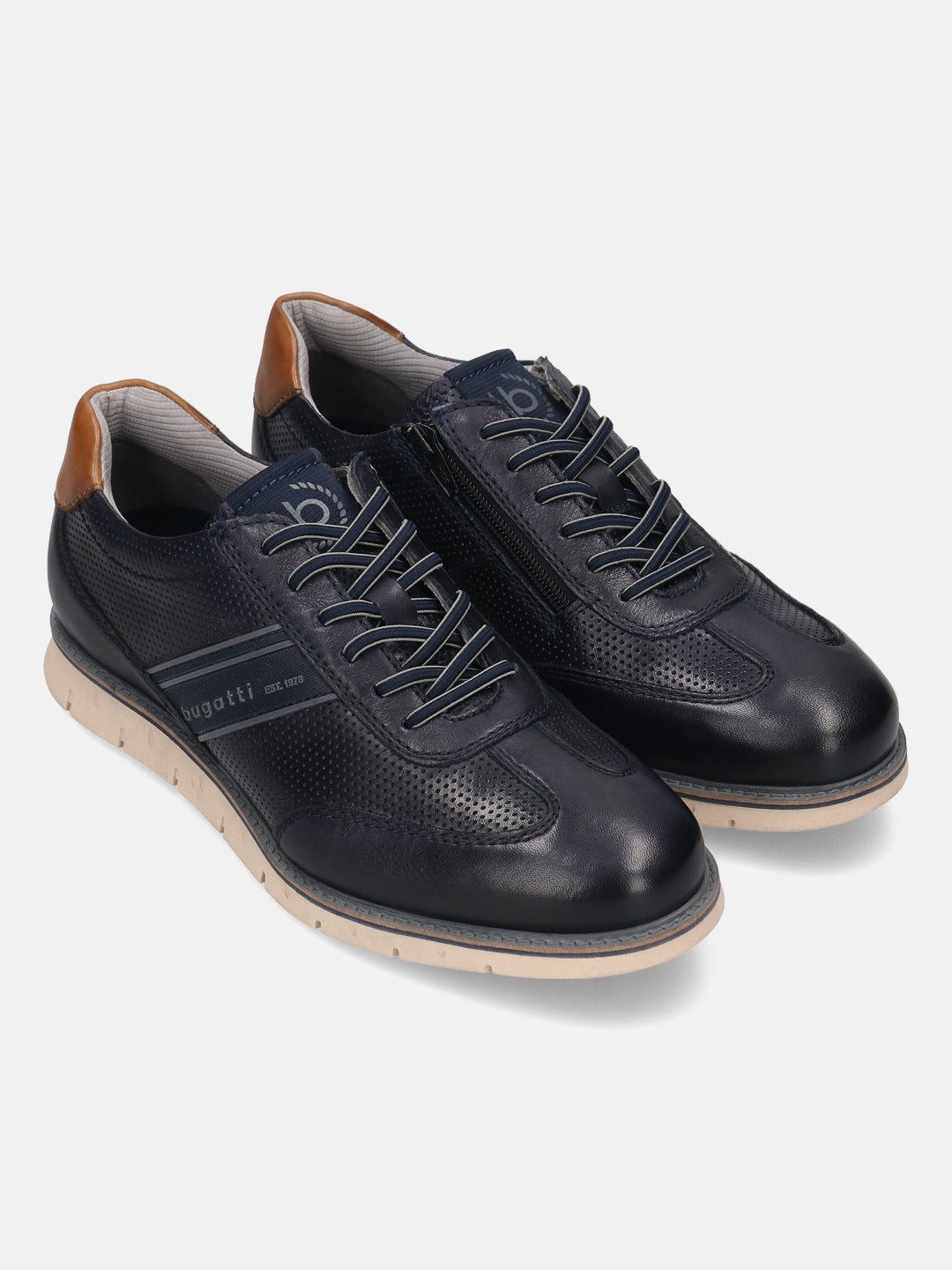 Dark blue leather sneakers by bugatti, with perforated texture and brown heel detail.