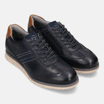 Dark blue leather sneakers by bugatti, with perforated texture and brown heel detail.