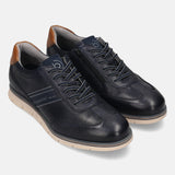 Dark blue leather sneakers by bugatti, with perforated texture and brown heel detail.