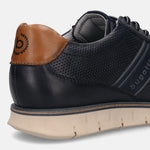 Dark blue leather comfort sneakers by bugatti with a perforated texture and tan heel.