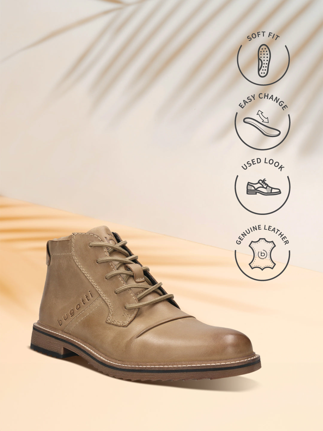 Bugatti Baldor Sand leather casual boots with a lace-up closure and contrasting sole.