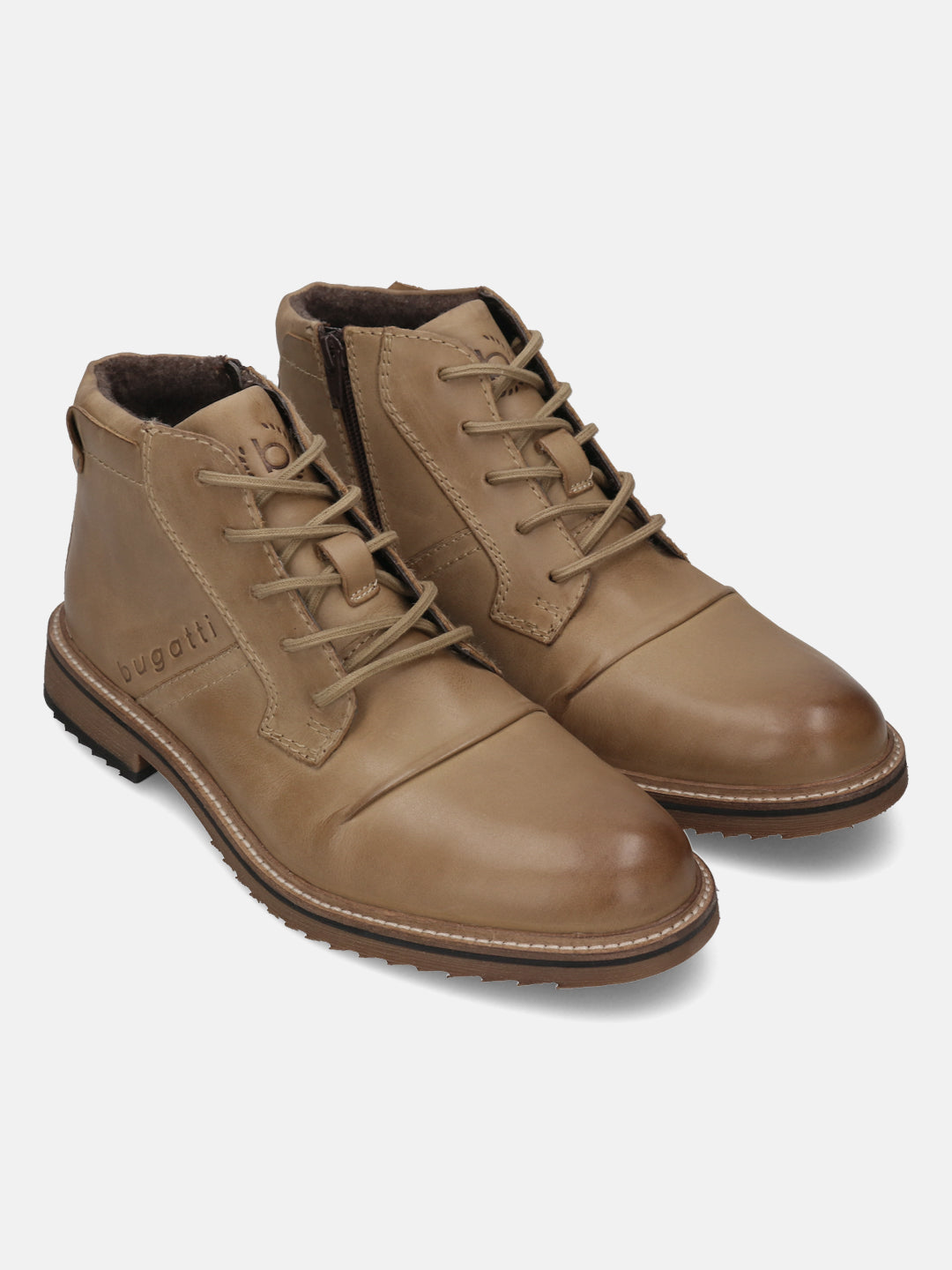 Bugatti Baldor sand-colored leather casual boots featuring a lace-up closure and side zipper.
