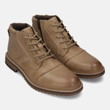 Bugatti Baldor sand-colored leather casual boots featuring a lace-up closure and side zipper.
