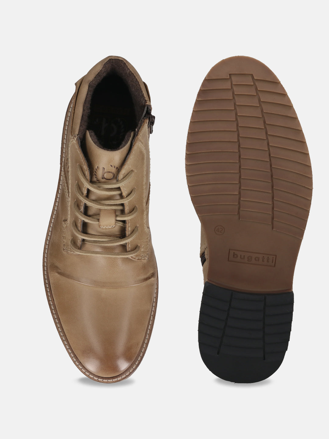 Bugatti Baldor sand-colored leather casual boots, shown with the sole visible, featuring laces and a side zipper.
