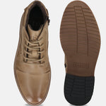 Bugatti Baldor sand-colored leather casual boots, shown with the sole visible, featuring laces and a side zipper.
