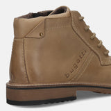 Cropped view of a sand-colored Bugatti boot in premium leather, featuring laces and a ridged sole.

