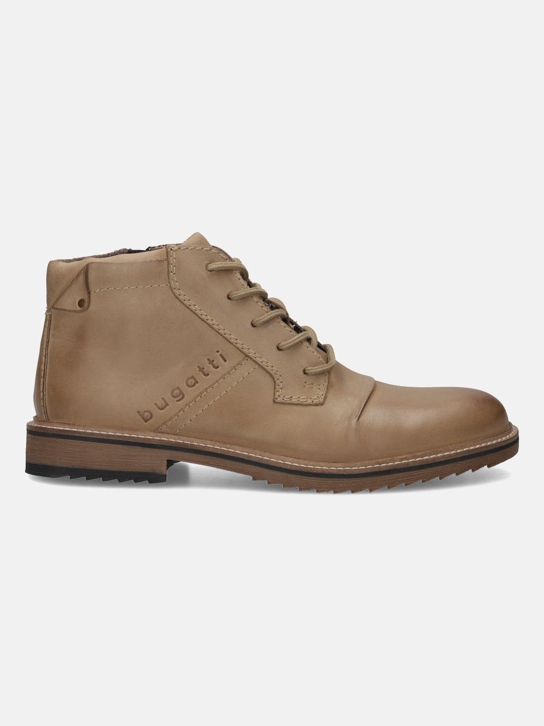 Bugatti Baldor sand-colored, premium leather casual boots with lace-up closure in a side view.