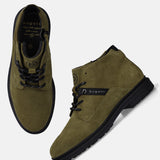 Bugatti Abel Evo ankle boots in dark green premium leather, with a black sole and lace-up closure.
