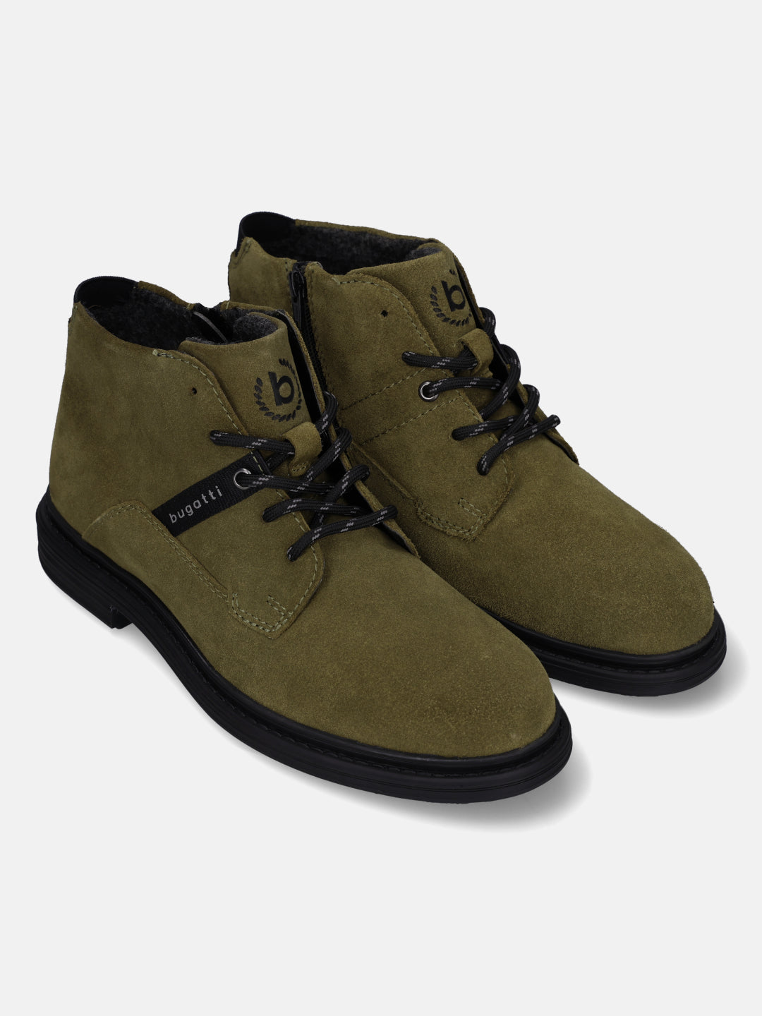 Bugatti Abel Evo boots in dark green suede, with black laces and sole.