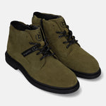 Bugatti Abel Evo boots in dark green suede, with black laces and sole.