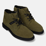 Bugatti Abel Evo boots in dark green suede, with black laces and sole.