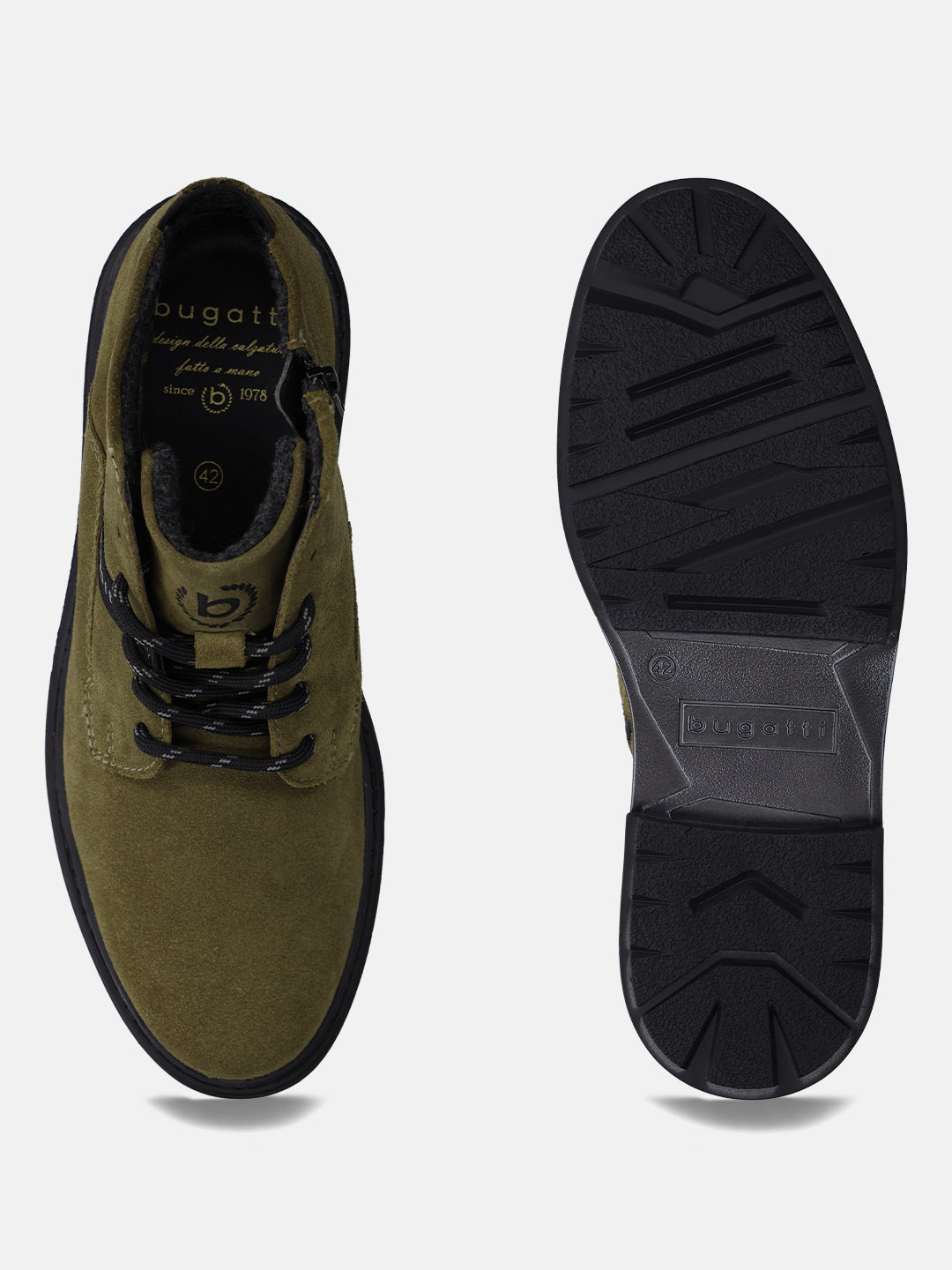 Bugatti Abel Evo dark green leather boots, showing top and sole, with black laces and zipper.
