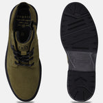 Bugatti Abel Evo dark green leather boots, showing top and sole, with black laces and zipper.

