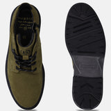 Bugatti Abel Evo dark green leather boots, showing top and sole, with black laces and zipper.
