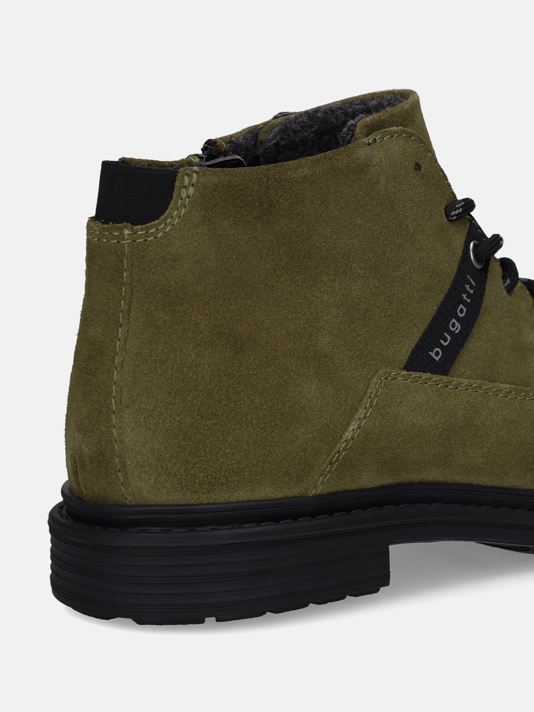 Cropped back view of a dark green suede Bugatti boot with a black sole and the brand name on the side.
