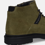 Cropped back view of a dark green suede Bugatti boot with a black sole and the brand name on the side.
