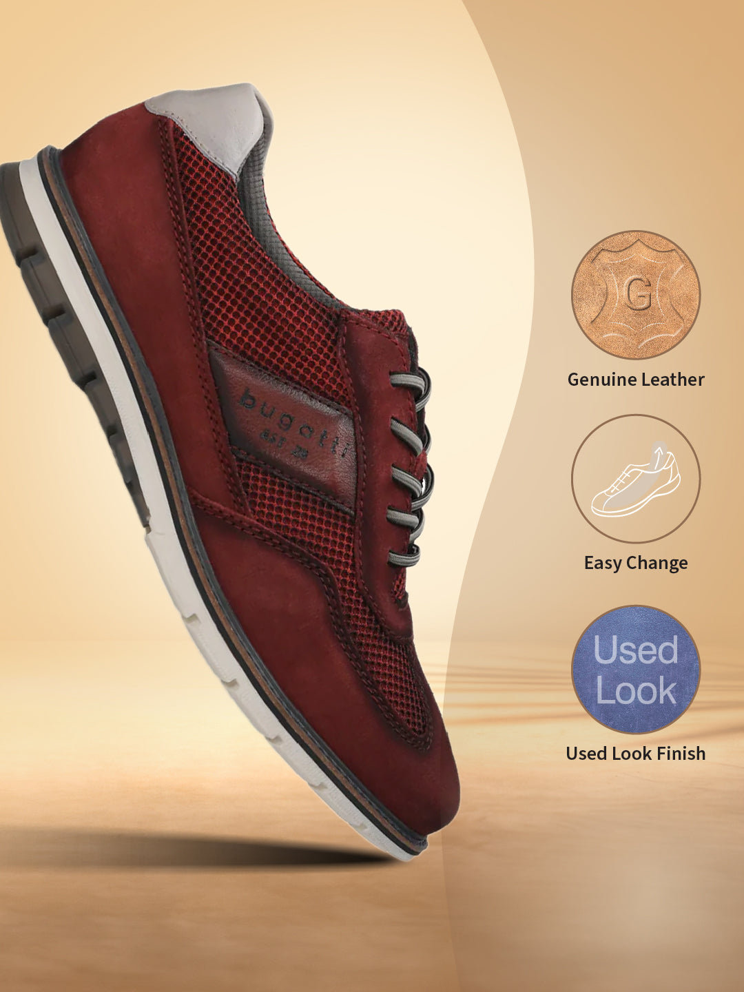 A grey Men's bugatti Casuals Shoes featuring a round toe wing tip, zero heels heel, and a wide fit. Made from premium genuine leather with a durable tr outsole, this laces design offers both style and comfort.