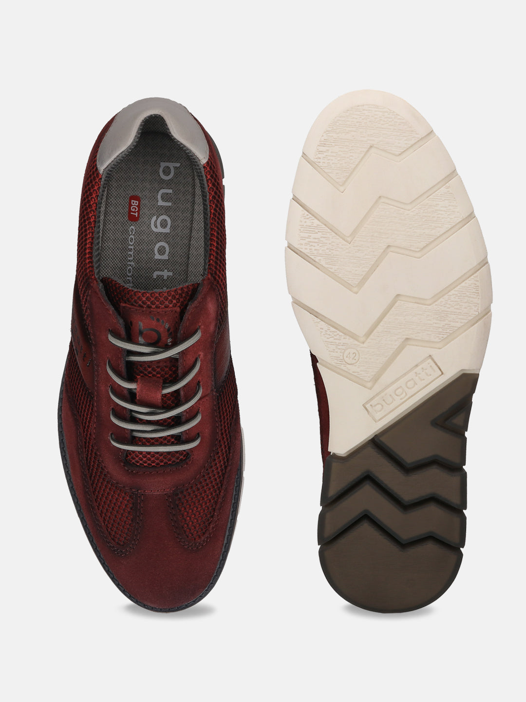 A grey Men's bugatti Casuals Shoes featuring a round toe wing tip, zero heels heel, and a wide fit. Made from premium genuine leather with a durable tr outsole, this laces design offers both style and comfort.