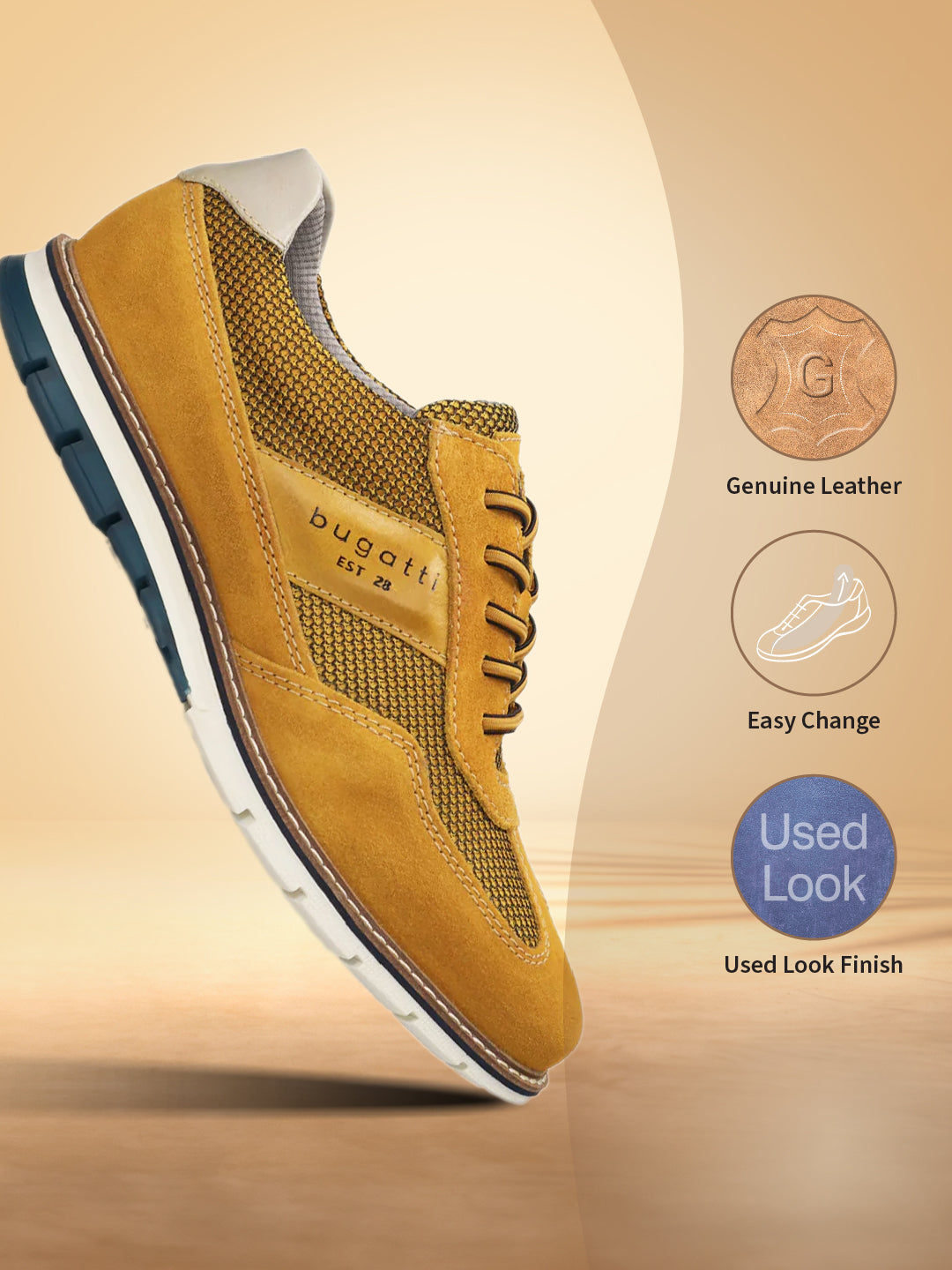 A yellow Men's bugatti Casuals Shoes featuring a round toe wing tip, zero heels heel, and a wide fit. Made from premium genuine leather with a durable tr outsole, this laces design offers both style and comfort.