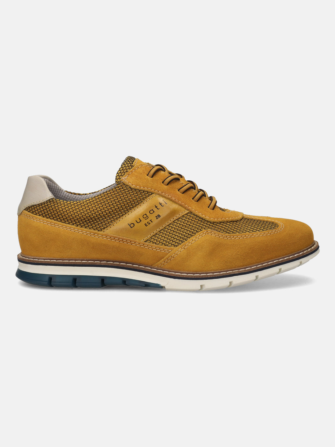 A yellow Men's bugatti Casuals Shoes featuring a round toe wing tip, zero heels heel, and a wide fit. Made from premium genuine leather with a durable tr outsole, this laces design offers both style and comfort.