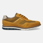 A yellow Men's bugatti Casuals Shoes featuring a round toe wing tip, zero heels heel, and a wide fit. Made from premium genuine leather with a durable tr outsole, this laces design offers both style and comfort.