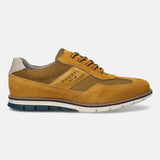 A yellow Men's bugatti Casuals Shoes featuring a round toe wing tip, zero heels heel, and a wide fit. Made from premium genuine leather with a durable tr outsole, this laces design offers both style and comfort.