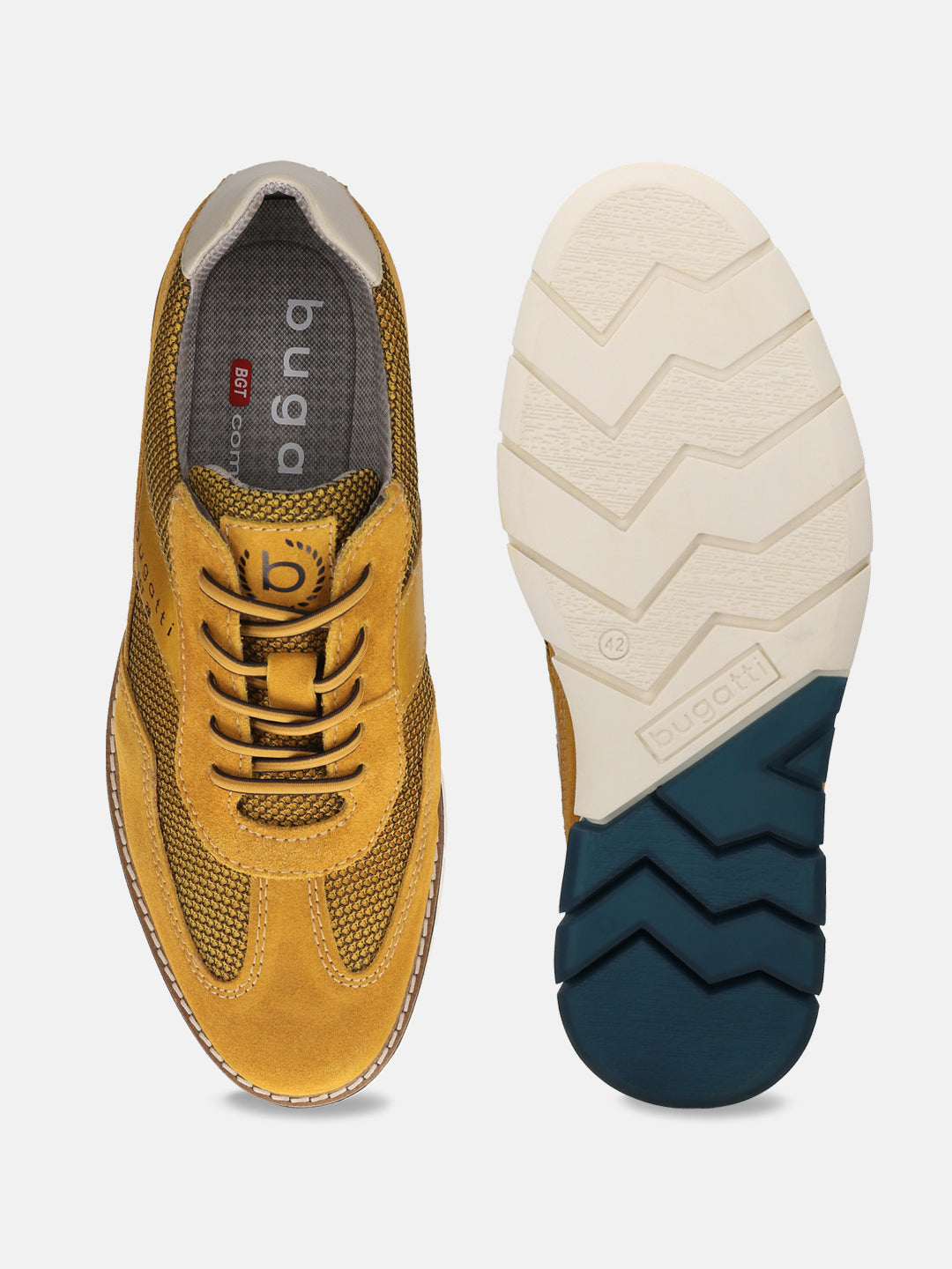 A yellow Men's bugatti Casuals Shoes featuring a round toe wing tip, zero heels heel, and a wide fit. Made from premium genuine leather with a durable tr outsole, this laces design offers both style and comfort.