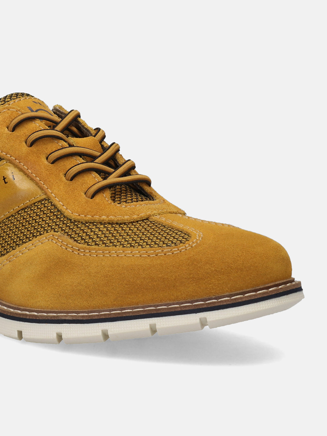 A yellow Men's bugatti Casuals Shoes featuring a round toe wing tip, zero heels heel, and a wide fit. Made from premium genuine leather with a durable tr outsole, this laces design offers both style and comfort.