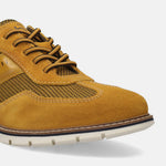 A yellow Men's bugatti Casuals Shoes featuring a round toe wing tip, zero heels heel, and a wide fit. Made from premium genuine leather with a durable tr outsole, this laces design offers both style and comfort.