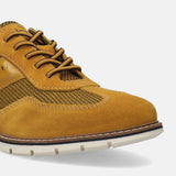 A yellow Men's bugatti Casuals Shoes featuring a round toe wing tip, zero heels heel, and a wide fit. Made from premium genuine leather with a durable tr outsole, this laces design offers both style and comfort.
