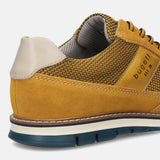 A yellow Men's bugatti Casuals Shoes featuring a round toe wing tip, zero heels heel, and a wide fit. Made from premium genuine leather with a durable tr outsole, this laces design offers both style and comfort.