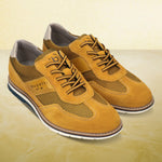 A yellow Men's bugatti Casuals Shoes featuring a round toe wing tip, zero heels heel, and a wide fit. Made from premium genuine leather with a durable tr outsole, this laces design offers both style and comfort.