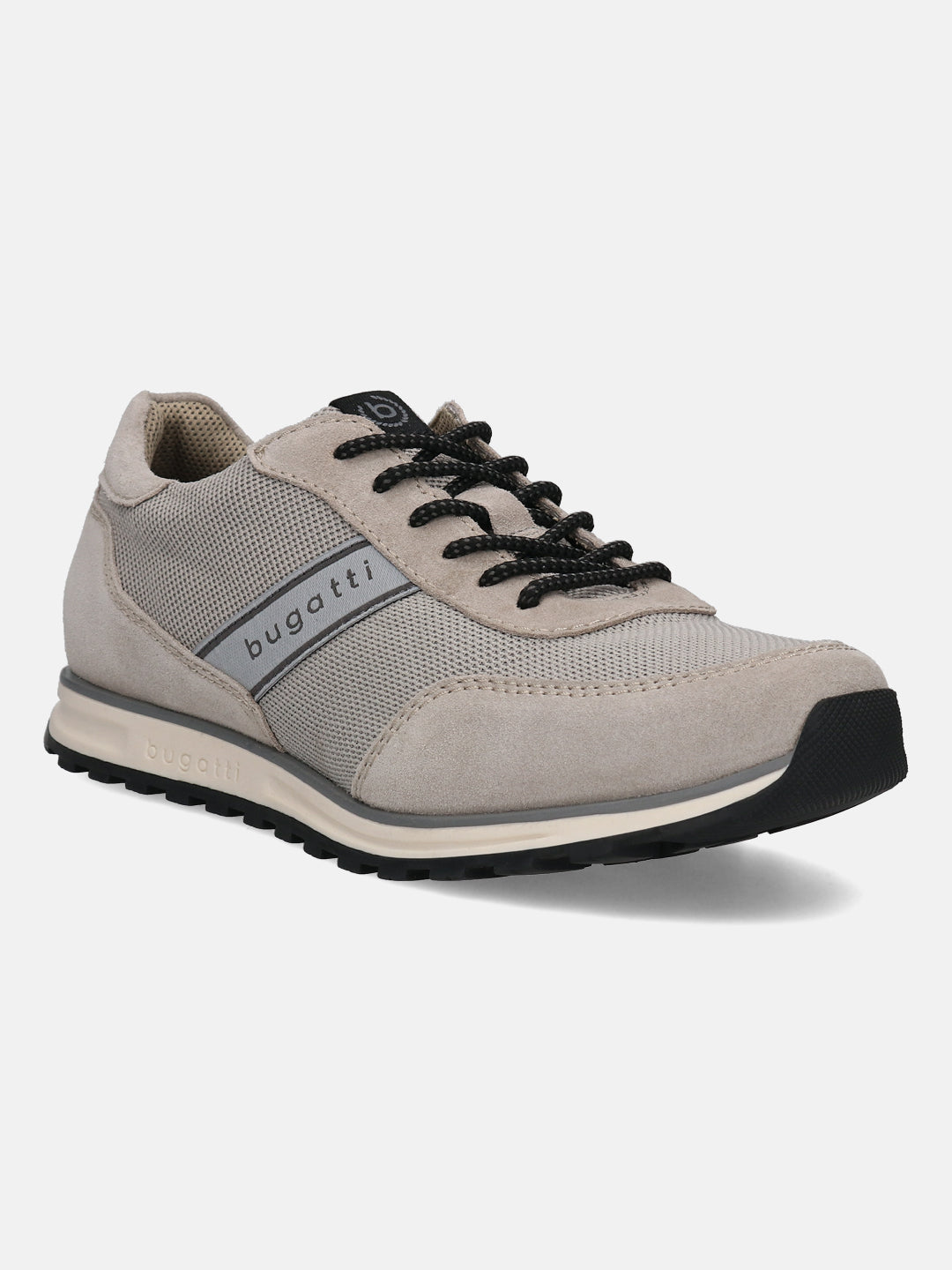 Taupe mid top sneaker by bugatti with black laces and a beige sole, shown in a side view.
