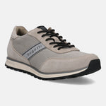 Taupe mid top sneaker by bugatti with black laces and a beige sole, shown in a side view.
