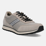 Taupe mid top sneaker by bugatti with black laces and a beige sole, shown in a side view.
