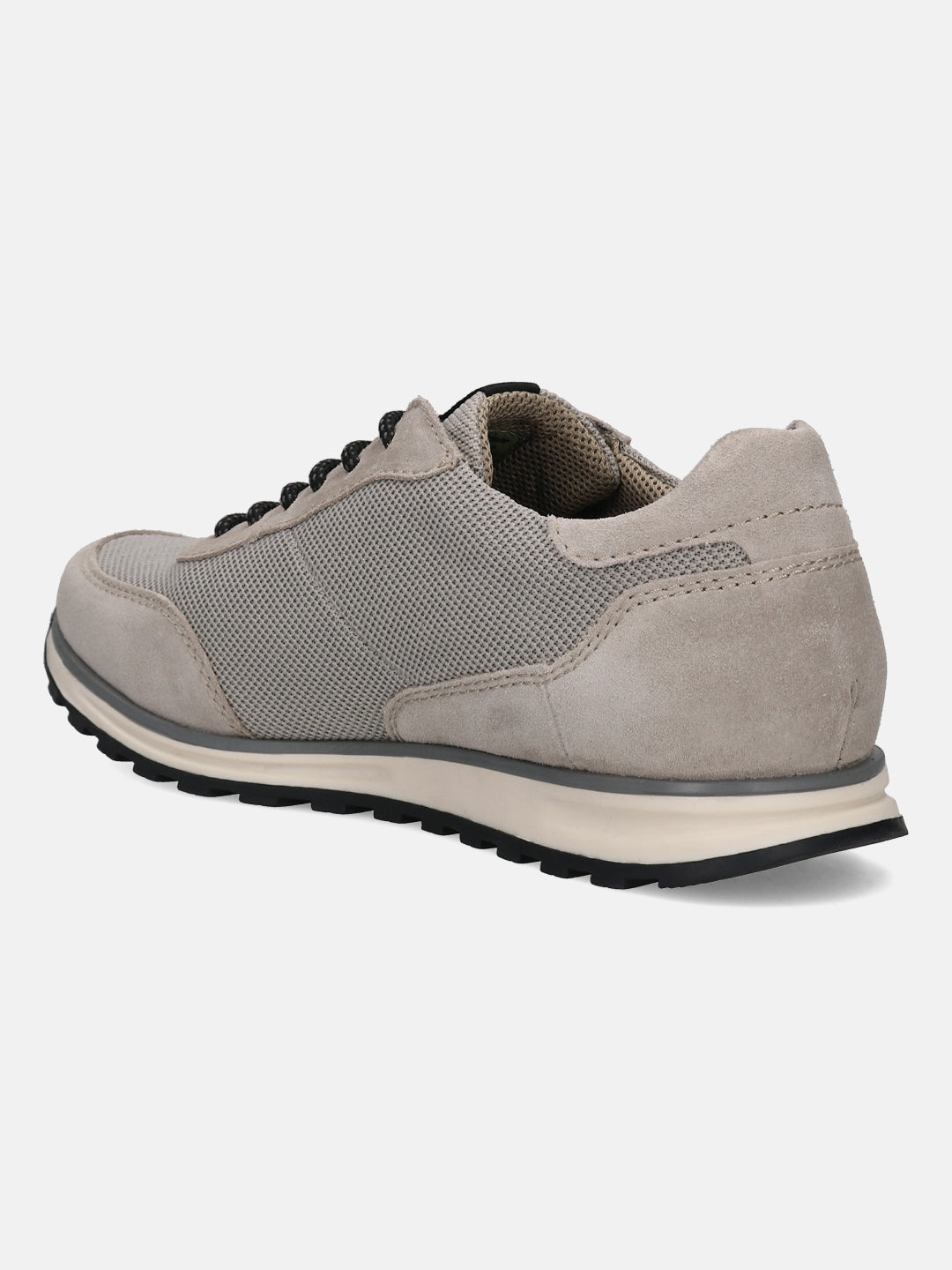 Taupe sneaker in leather by bugatti, featuring a mesh panel and black laces, shown in back view.