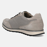 Taupe sneaker in leather by bugatti, featuring a mesh panel and black laces, shown in back view.