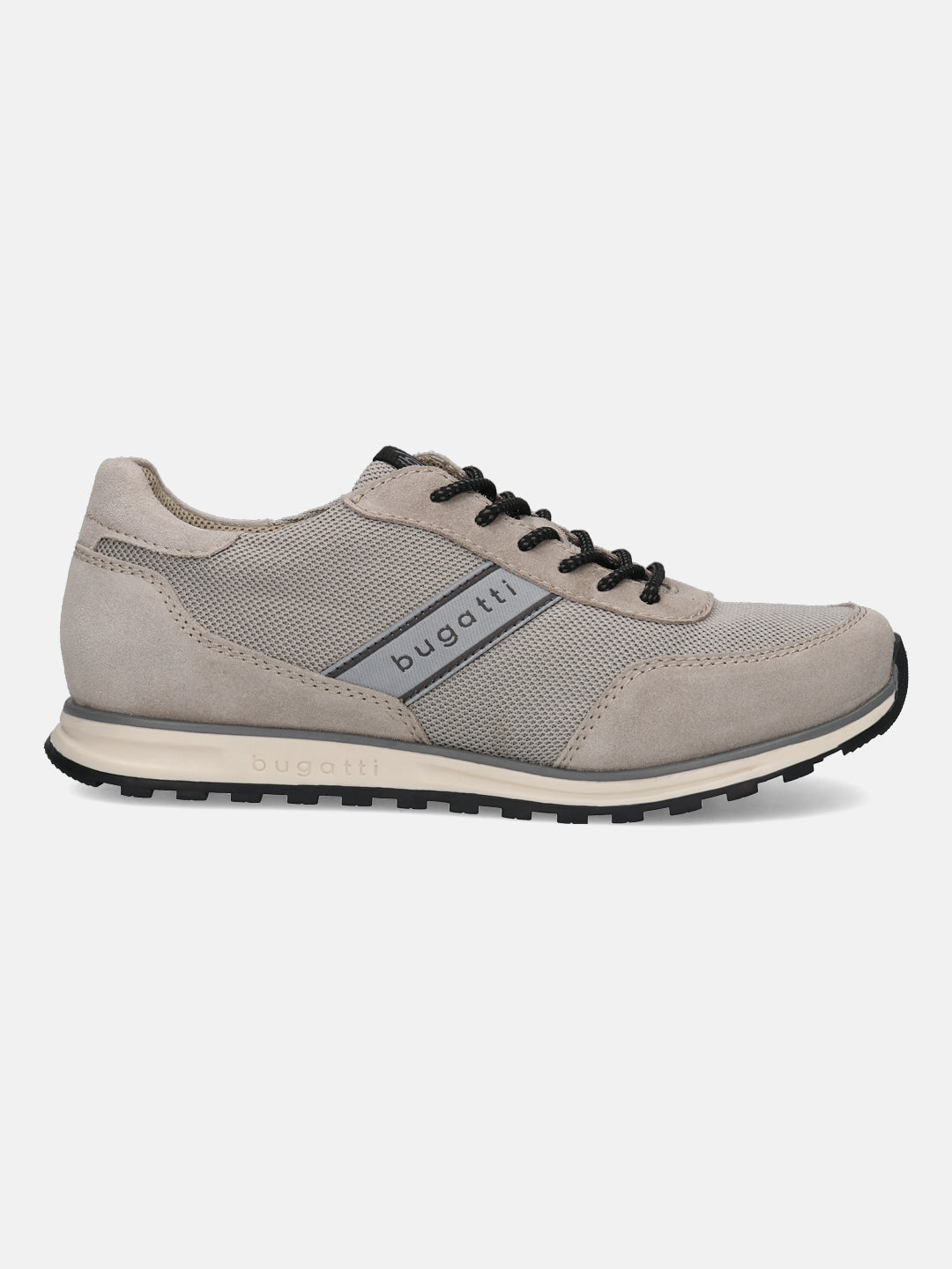 Taupe leather comfort sneakers by bugatti, featuring black laces and a patterned black outsole, presented in a side view.
