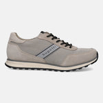 Taupe leather comfort sneakers by bugatti, featuring black laces and a patterned black outsole, presented in a side view.