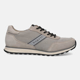 Taupe leather comfort sneakers by bugatti, featuring black laces and a patterned black outsole, presented in a side view.
