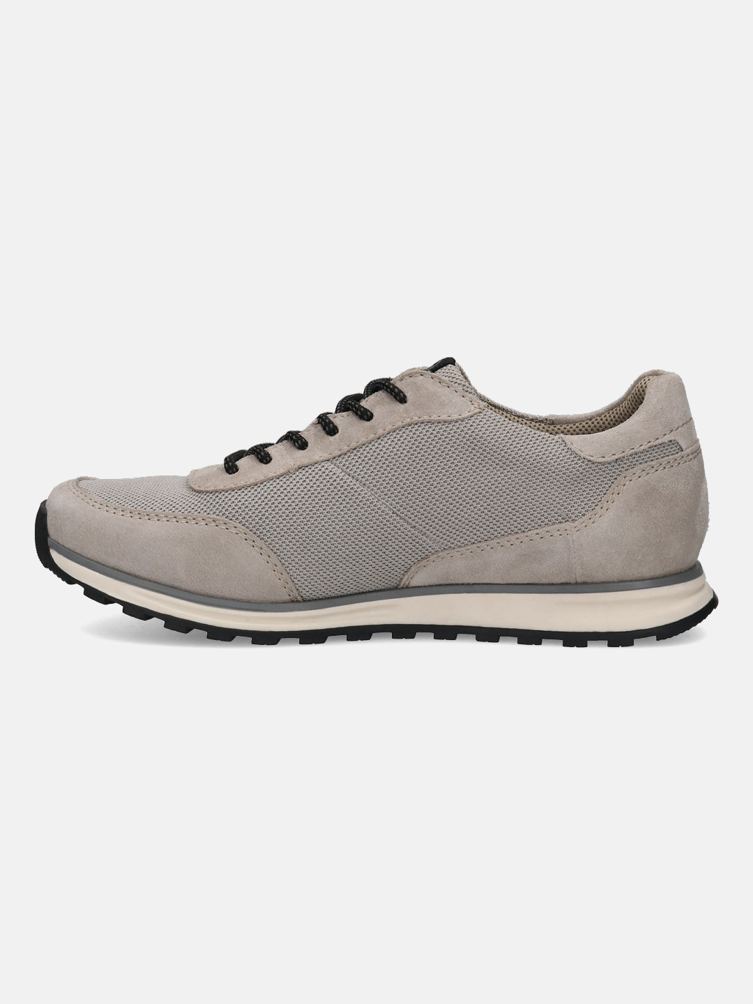 Taupe leather sneakers by bugatti featuring black laces and a layered black and white sole.