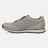 Taupe leather sneakers by bugatti featuring black laces and a layered black and white sole.