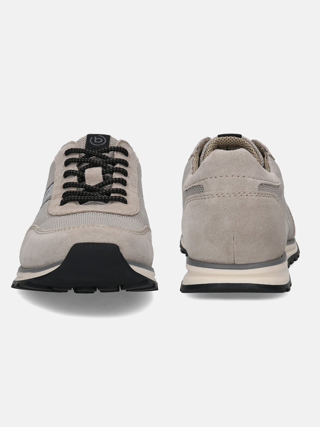 Taupe leather sneakers by bugatti with black laces, seen from a head-on perspective.
