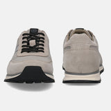 Taupe leather sneakers by bugatti with black laces, seen from a head-on perspective.