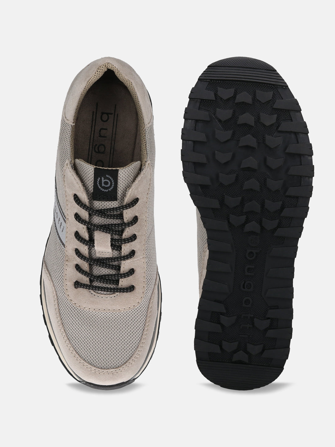 Taupe leather sneakers by bugatti with black laces and a lugged black outsole.